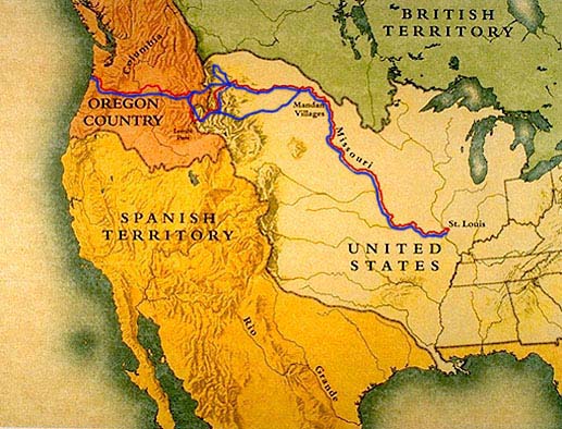 Map of North America at the time of Lewis and Clark. Outbound route in red, homeward in blue. from pbs.com